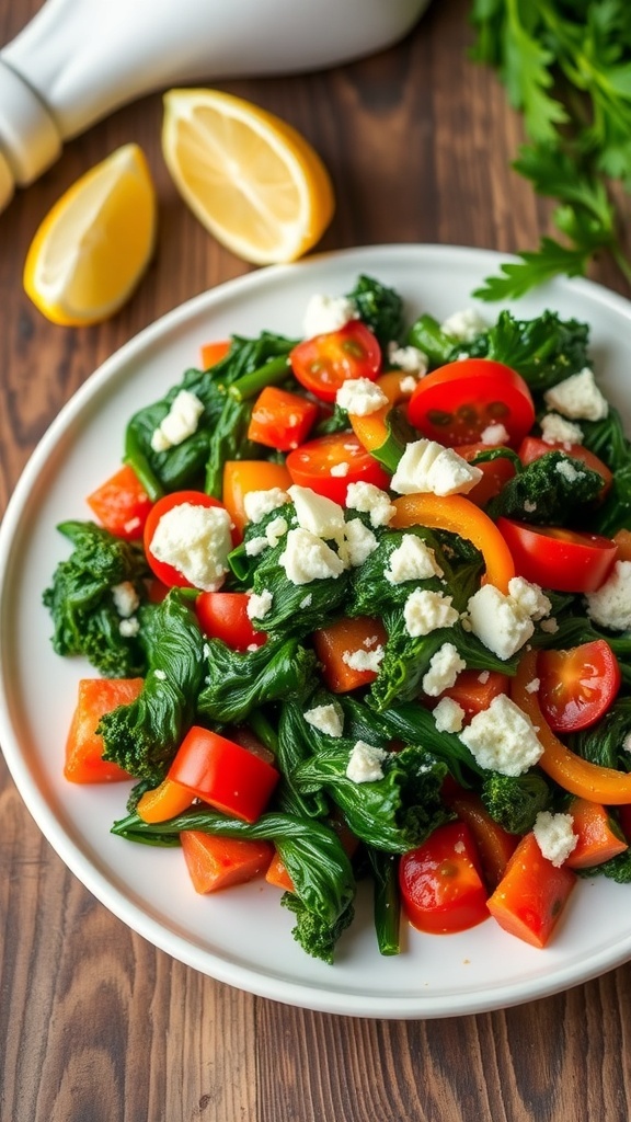 A colorful Greek vegetable dish with kale, tomatoes, and bell peppers topped with feta cheese on a rustic table.